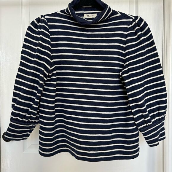 Madewell Blue/White Striped Cotton Mock Turtleneck Sweater with 3/4 Sleeved - Picture 1 of 9